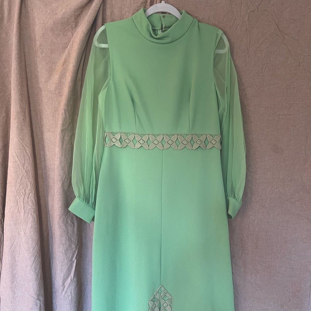 70s Poly Turtleneck Maxi Gown with Sheer Sleeves in Spearmint Green